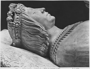 Nantes, katedrála sv. Petra a Pavla, hrob Františka II., vévody z Bretaně a Markéty z Foix, detail Františka II., 1502-07 sádrový odlitek z mramoru bw foto